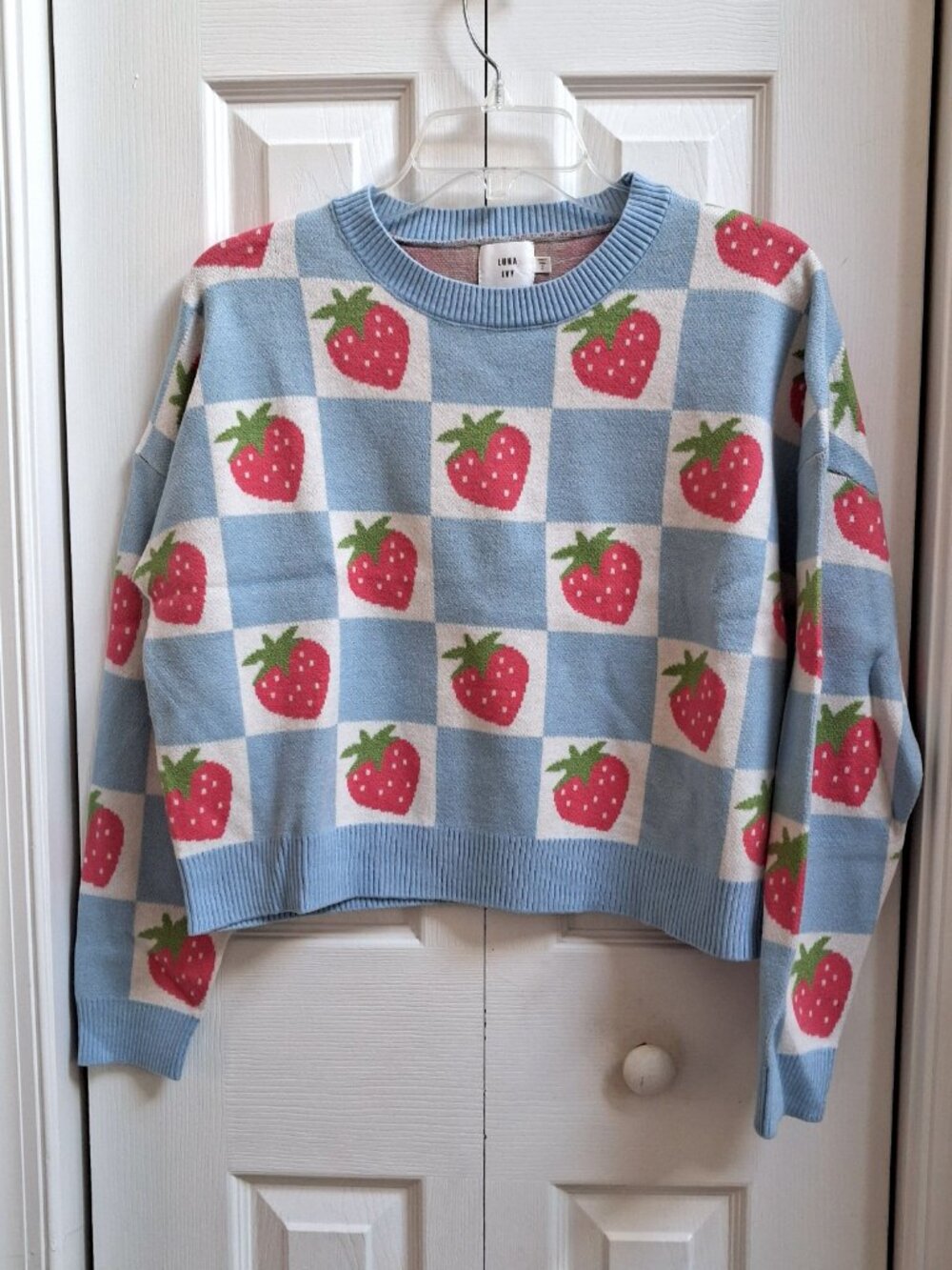 NWT LUNA IVY Anthropologie Blue/White Checkered Strawberry Sweater sz S